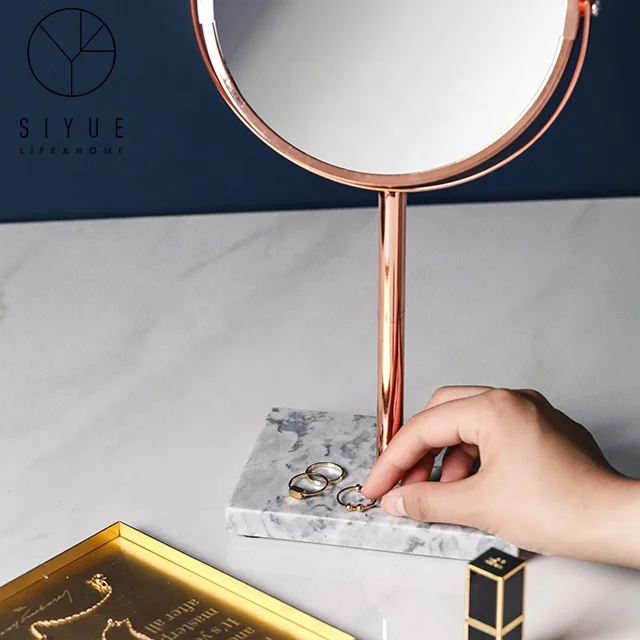 

Double-sided concave rotating standing up anti-skid office table dressing table mirror, Pink gold