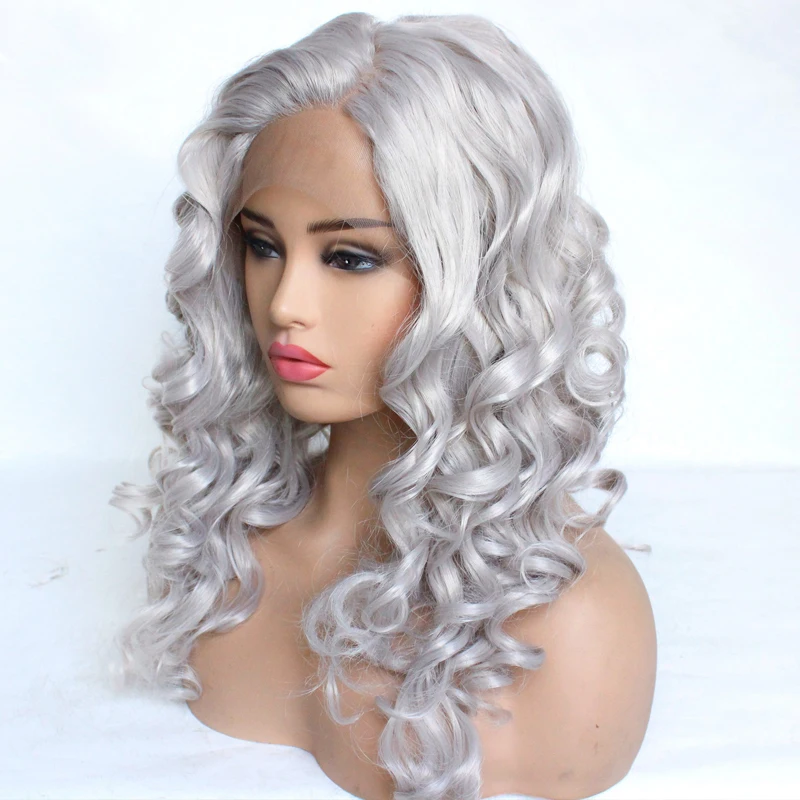 

Wholesale #Grey Body Wave Synthetic Lace Front Wig 250% Density Soft Glueless Synthetic Wigs Heat Resistant Half Hand Tied