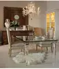 fashionable living room furniture sets acrylic glass dining table, chair with wheels and cushion