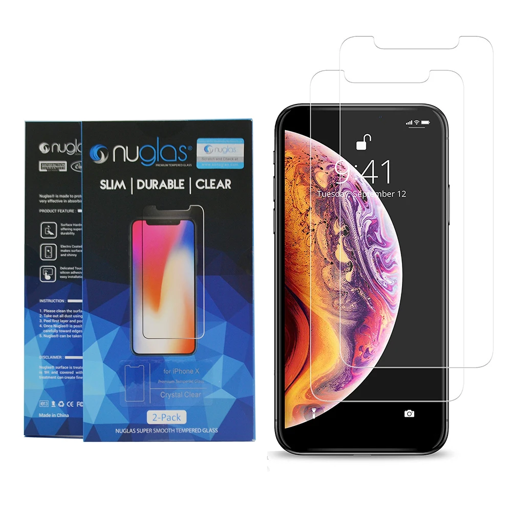 

2 packs! Nuglas For iPhone X Wholesale price customized packaging hard glass screen protector, Crystal clear