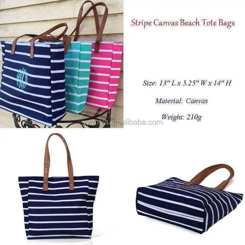 

MS- 209 2019 Hot selling Strip print beach canvas with leather tote strap wholesale women summer casual bags, 5 colors