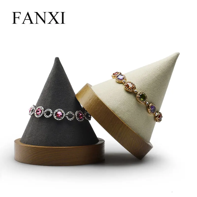 

FANXI Custom Solid Wood Shop Counter Window Show Cone Wood Jewelry Exhibitor Props For Ring Bracelet Holder Bangle Display, Wood+beige/dark grey or customized color for bracelet holder