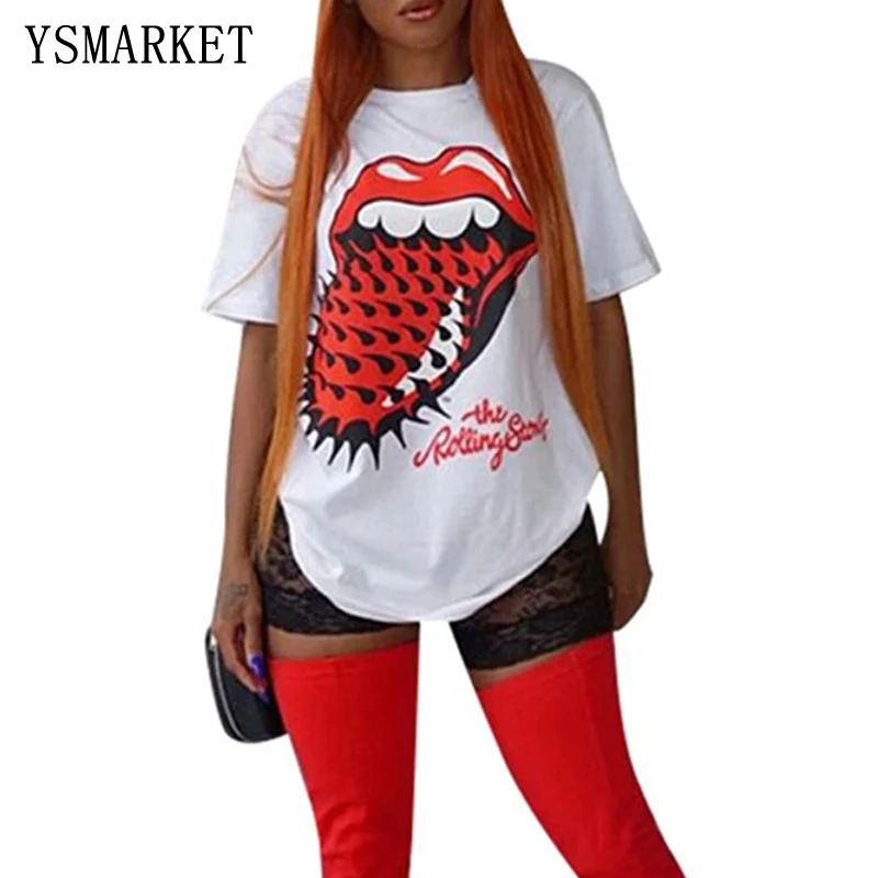 

YSMARKET Female Fashion T-Shirt New Summer Red Lips Print Pullover TShirt Hip Hop Style White T-shirts EYM-8149