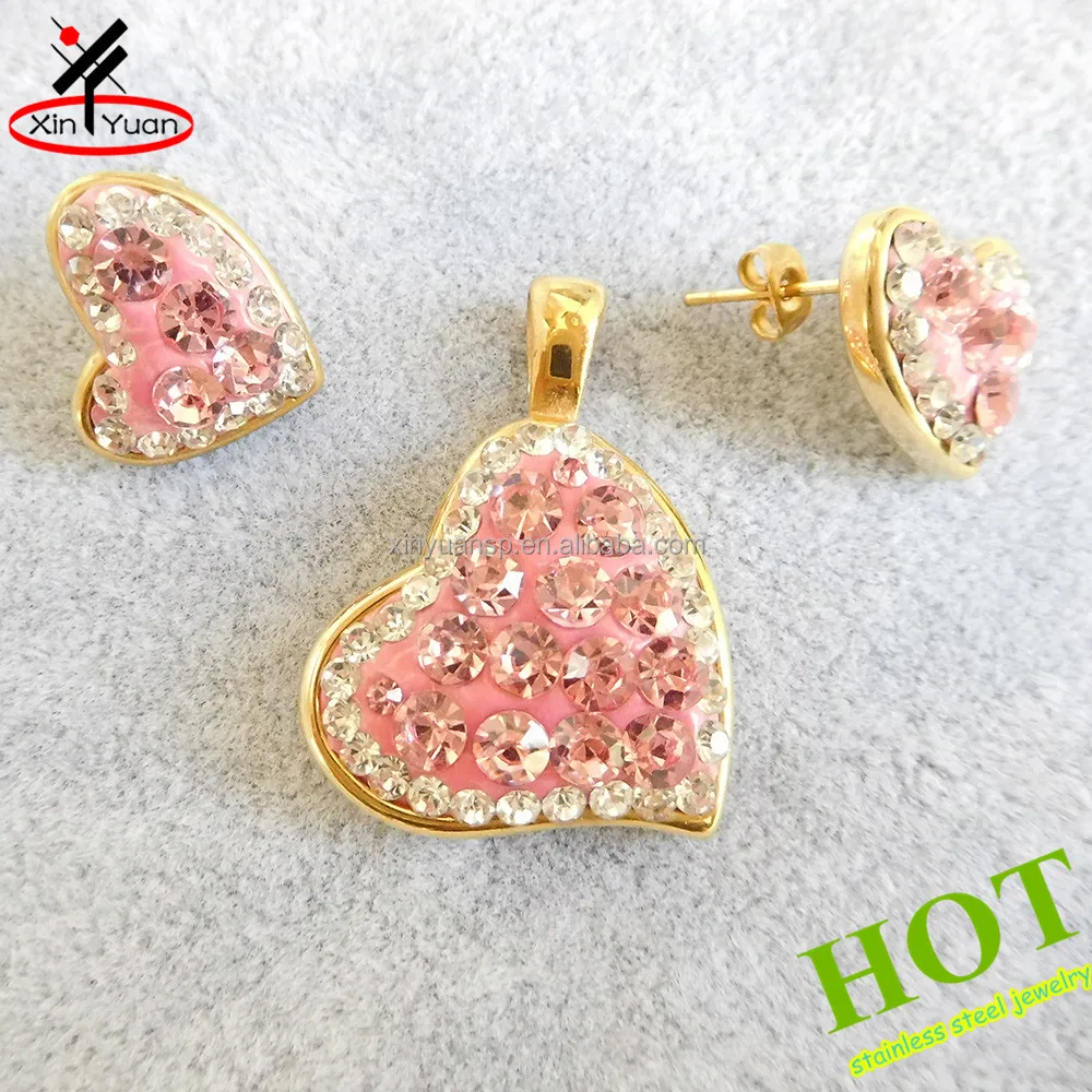 
Popular love heart jewelry pink rhinestones 18 karat gold jewelry sets 