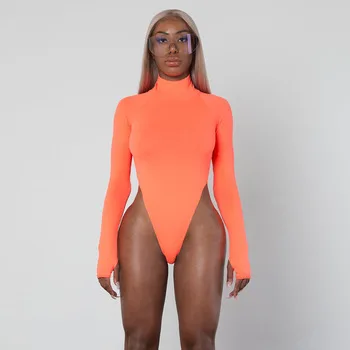 Long Sleeve Turtleneck Bodysuit Women High Leg Neon Bodysuits