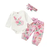 

Easter bunny baby 3pcs set infant girls animal romper floral pants headband Outfits