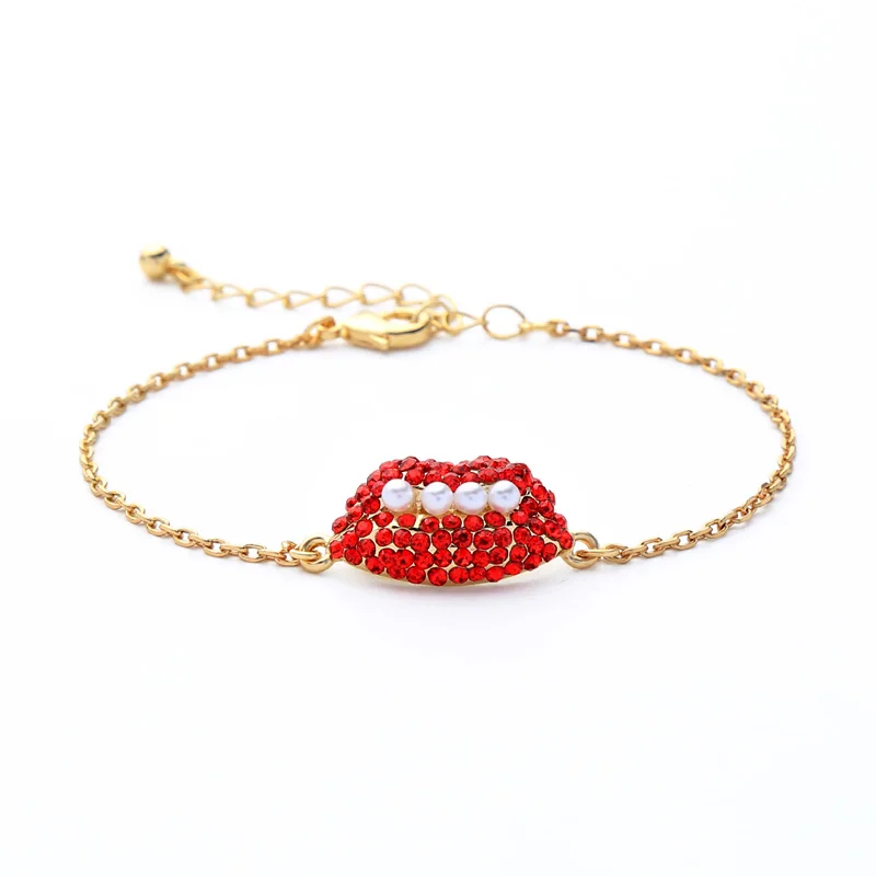 

sl00425c Gifts For Valentine's Day Red Lip Delicate Chain Bracelet Crystal Gold