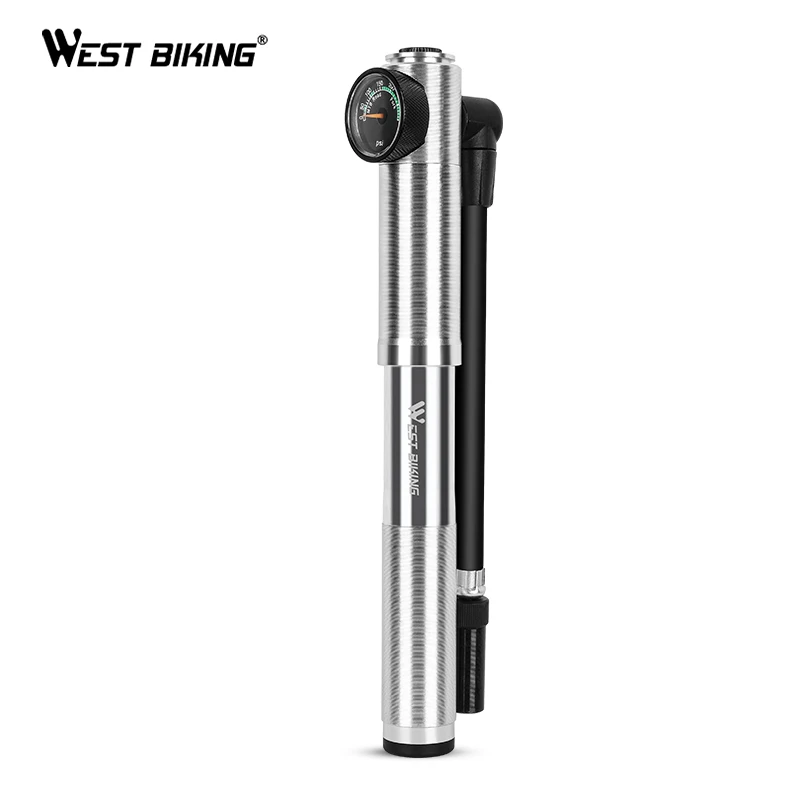 

WEST BIKING Bicycle Mini Aluminum Alloy Hand Pump With Gauge Tire Inflator Bike Performance Tyre Tube Cable Pump Bicycle Cycling, Silver