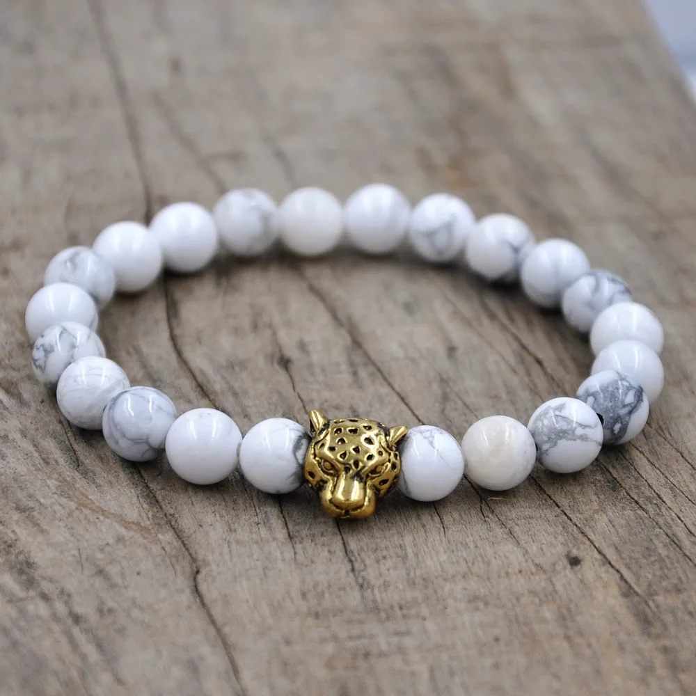 

19cm Men Jewelry Howlite Stone Beads Antique Gold/Silver Leopard Charm Bracelet