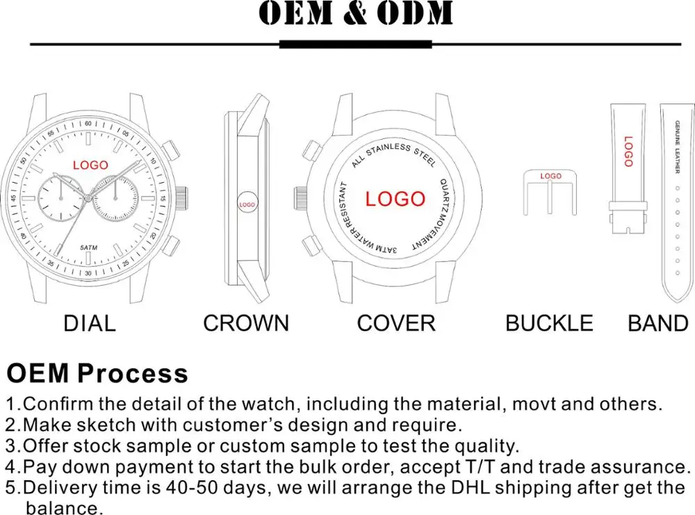 China factory make your own brand logo watch 3 atm waterproof japan movt quartz chrono leather watch
