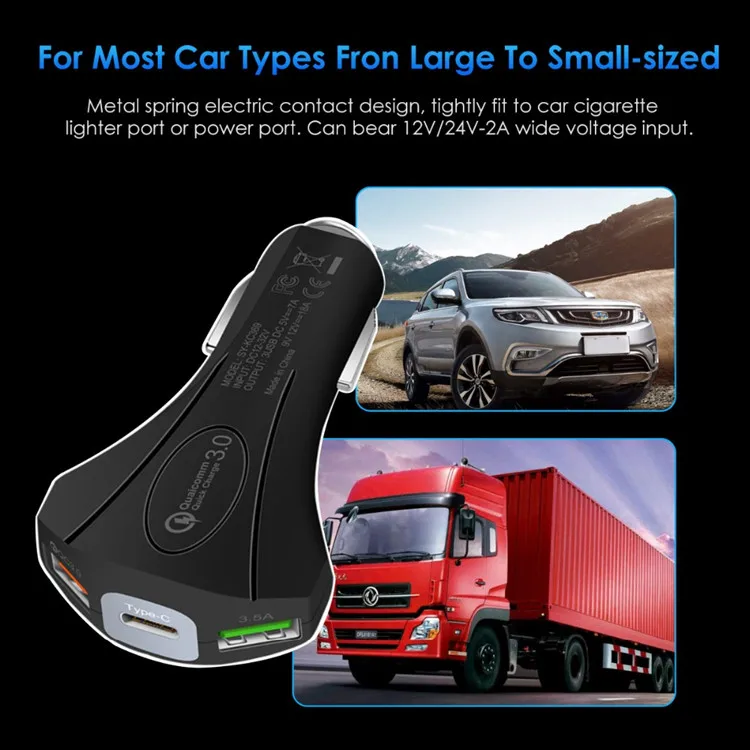 OEM 5V 7A 2 USB and Type-C Port Fast Charger Mobile Phone QC3.0 USB Car Charger