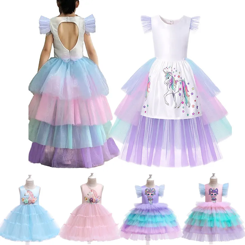 

Kids Unicorn Birthday Party Clothes Unicorn Dress Girl Rainbow Layered Frocks Flying Sleeves Toddler Princess Cosplay Costumes, As picture