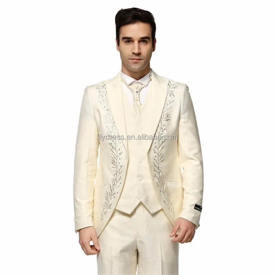 

(Jacket+Pants+Vest) Ivory Fashion custom Suits Solid Color With Rhinestone Wedding Dress Men embroidery suit three-piece Tuxedos, Per the request