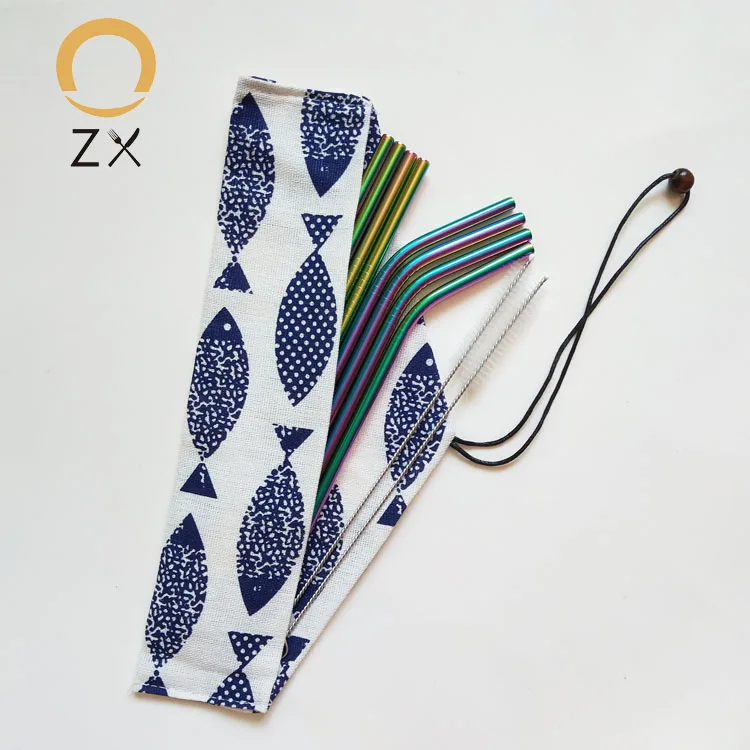 

8 pieces stainless steel metal reusable custom drinking straw set with pouch, Silver;gold;rose gold;black;rainbow;blue;purple;red;pink;green