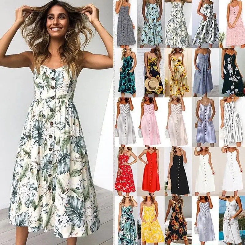 

Plus Size Boho Womens Sleeveless Button Pocket Ladies Summer Midi Beach Dress