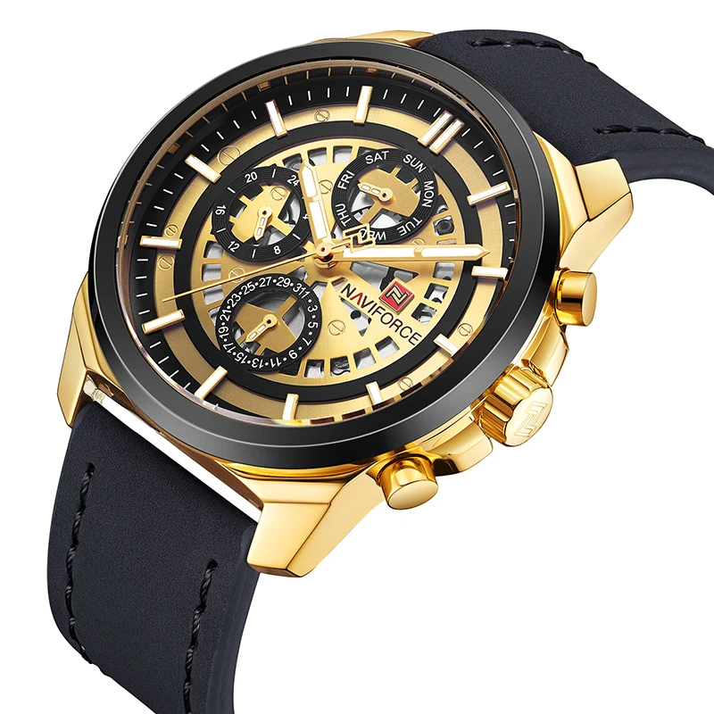 

relojes hombre Brand Watch Men Leather Business Date Week Clock Quartz Skeleton Fashion Naviforce 9129 Luxury Men Wrist Watches