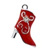 Silver plated rhinestones red enamel high heeled boots charms jewelry