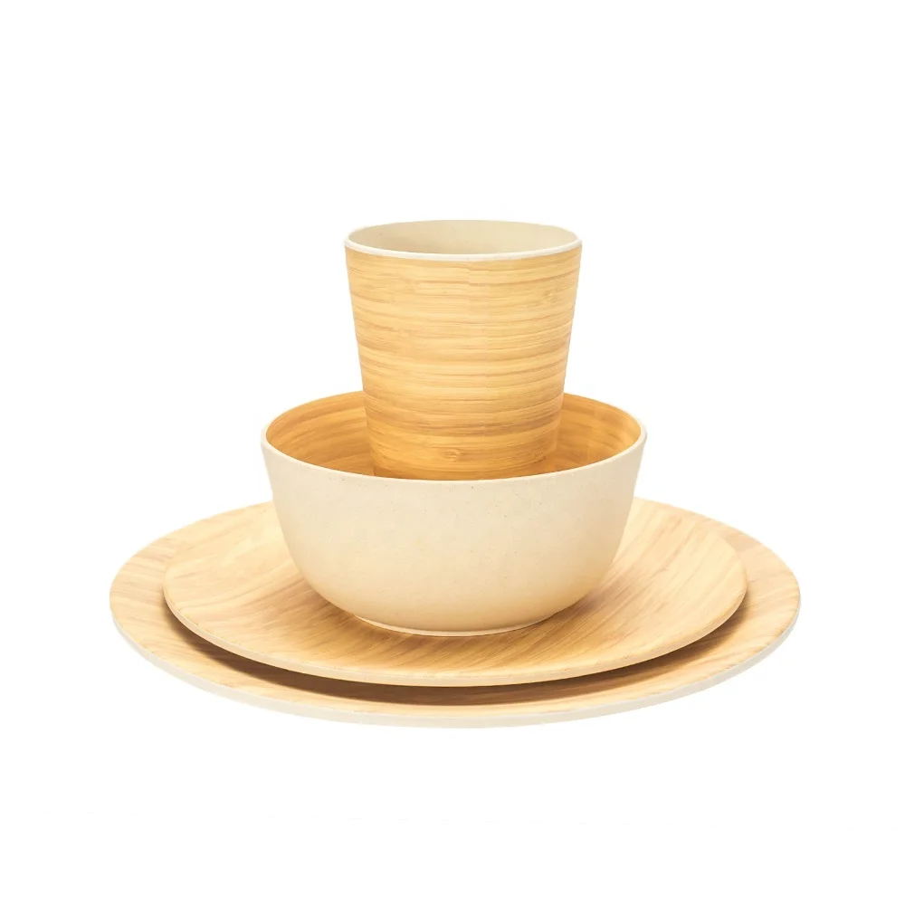 

Bamboo Round Plate Tableware Sets Dishes Household Solid Salad Bowl Cup Set Dishes Environmental Protection Plates for Gift