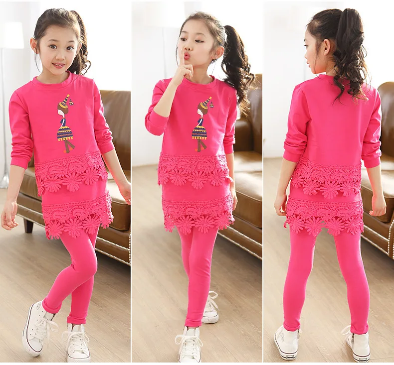 Spring Cotton Lace Long Sleeve Shirt + Pants Baby Kids Clothes Suit Children Clothing Set For girl