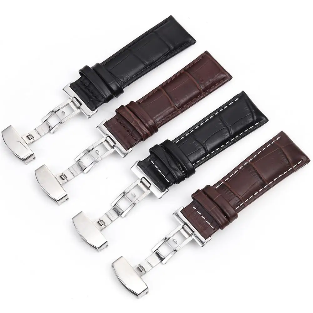 

EACHE Deployment Buckle Watch Band For Man Silver&Black&Gold&Rose Gold Metal Band Watch Leather Strap, As pictures