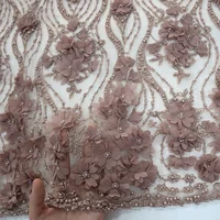 

New design french mauve 3d flower heavy pearl beaded lace fabric embroidery tulle lace dress fabric in dubai HY0830-3