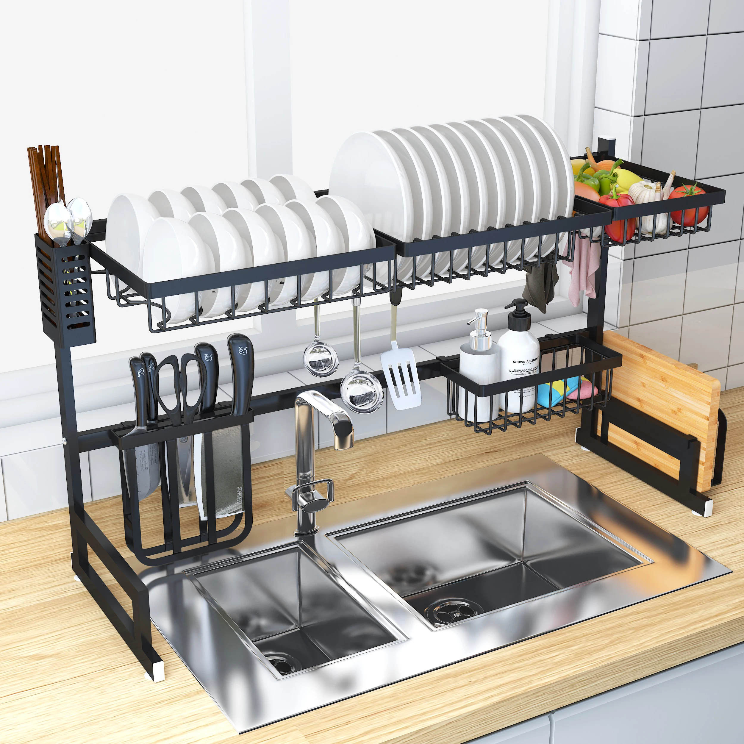 
2019 New Black Storage Rack Dish Drainer Rack Stainless Steel Kitchen Drainer Rack 