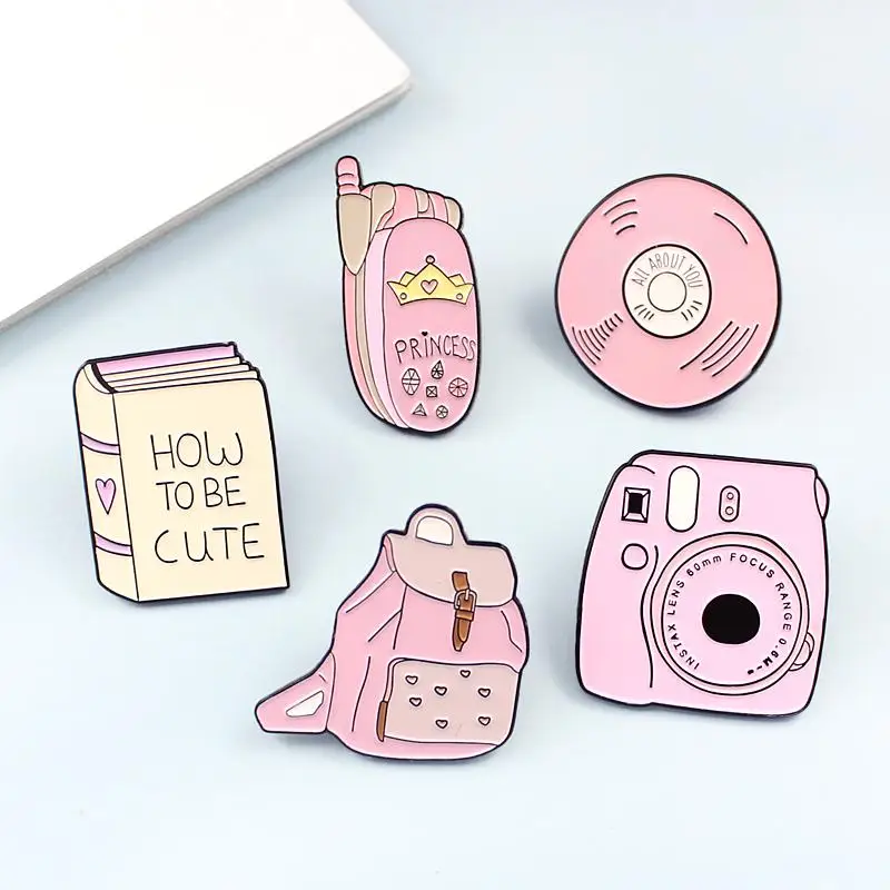 

Book Backpack Phone Camera CD Enamel Pin Buttons Pink Girl Brooches Denim Shirt Accessories, Picture shows