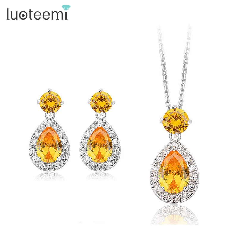 

LUOTEEMI China Wholesale Fashion Wedding Gift Luxury Elegant Waterdrop Cubic Zircon Bridal Earring Necklace