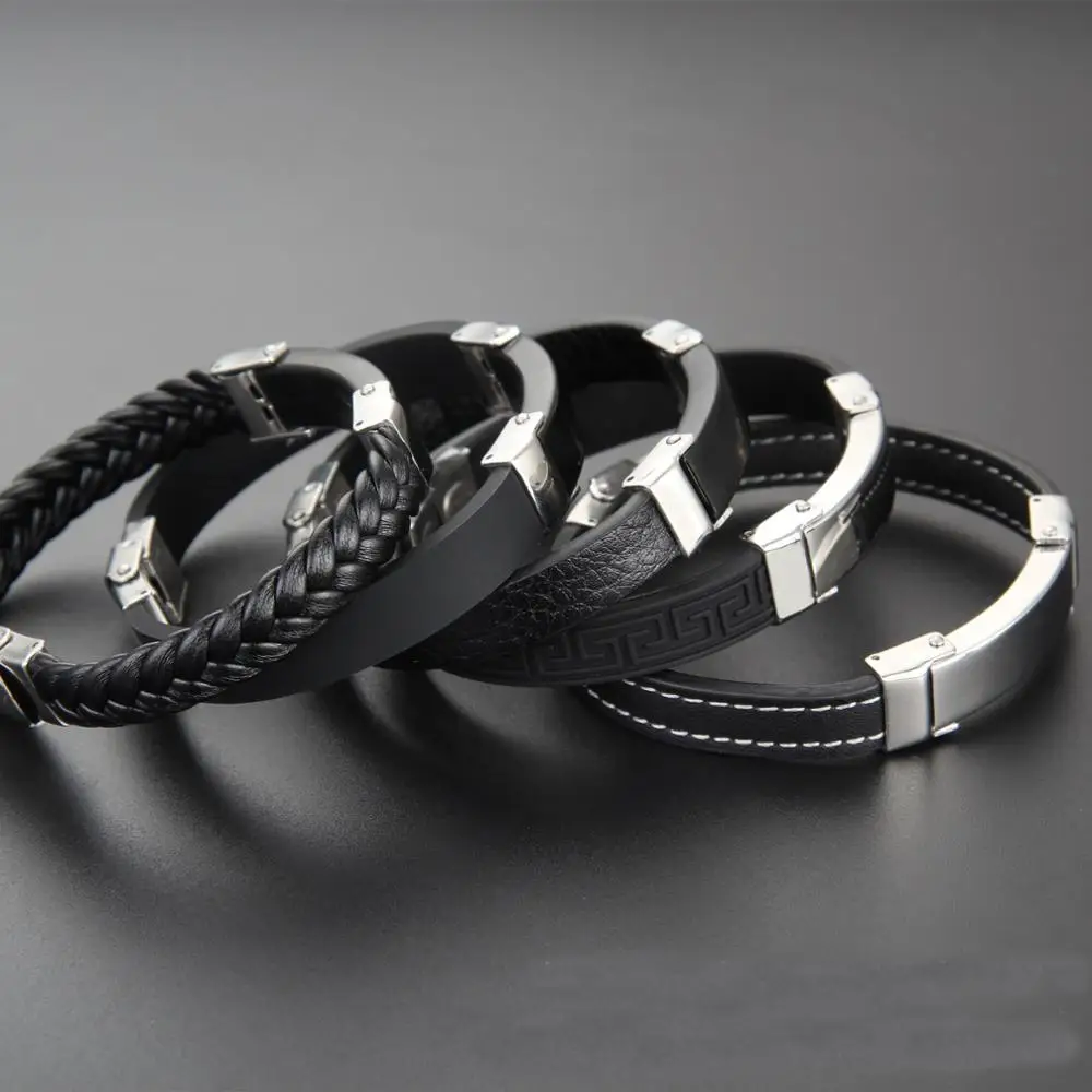 

Wholesale High Quality engrave mens stainless steel leather bracelet for men