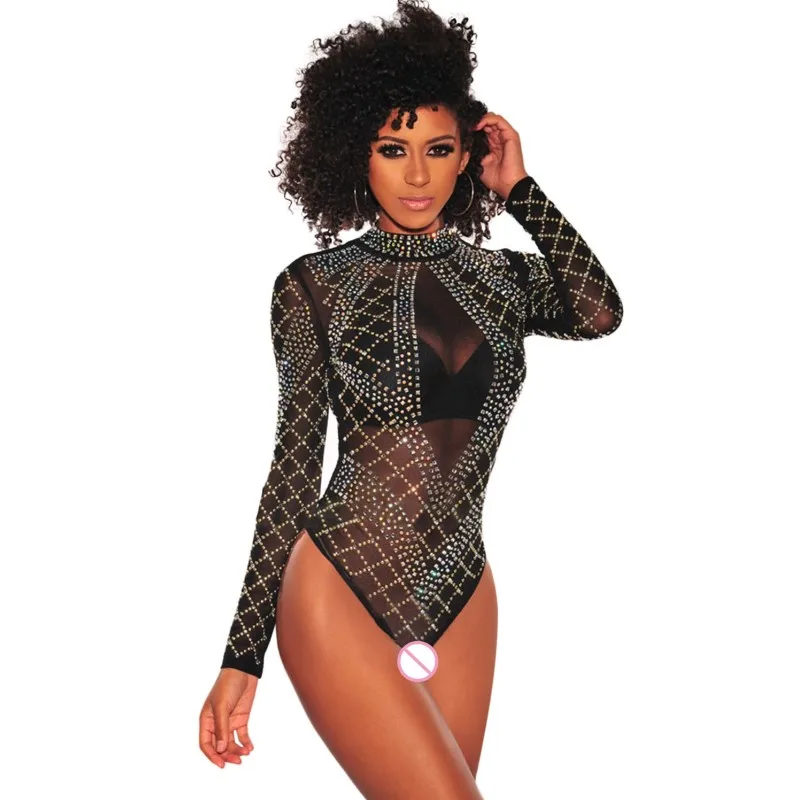 

Sexy Rompers Women Bodycon Clubwear Black Rhinestone Bustier Mesh Long Sleeves Skinny Bodysuit Playsuit V32343, N/a