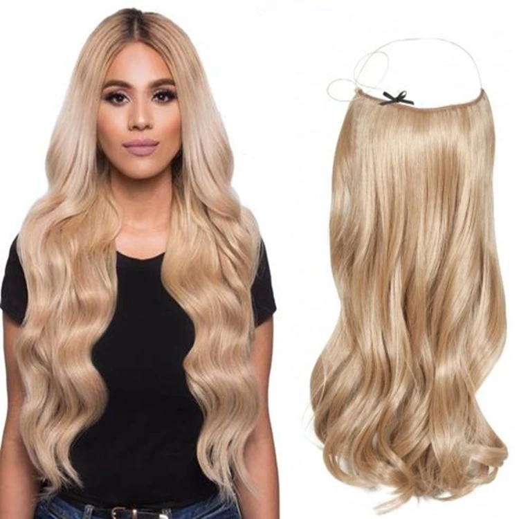 

22" Synthetic Fishing Line Natural Wave Hair Extensions Halo Wire Hidden Hairpieces High Temperature Fiber No Clips No Glue