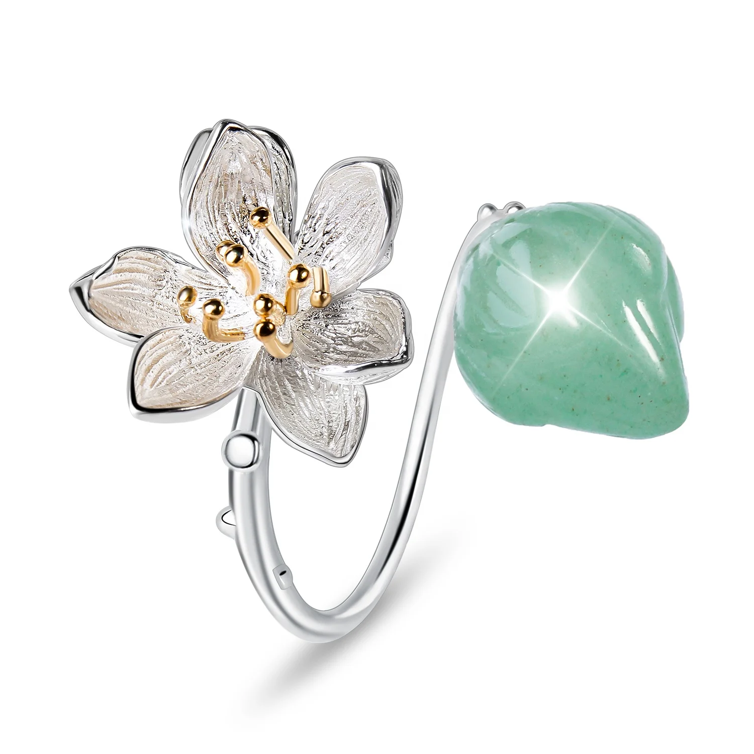 

New! Lotus Fun Nature stone Flower silver ring gemstone ring Jewelry