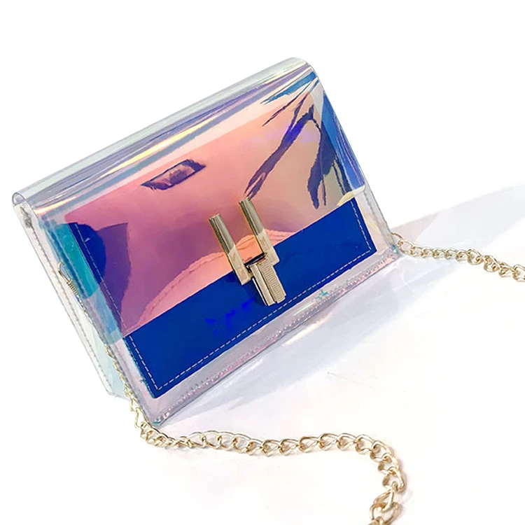 

Laser colour small transparent jelly tote hand bag with metal chain, Blue,pink,sliver