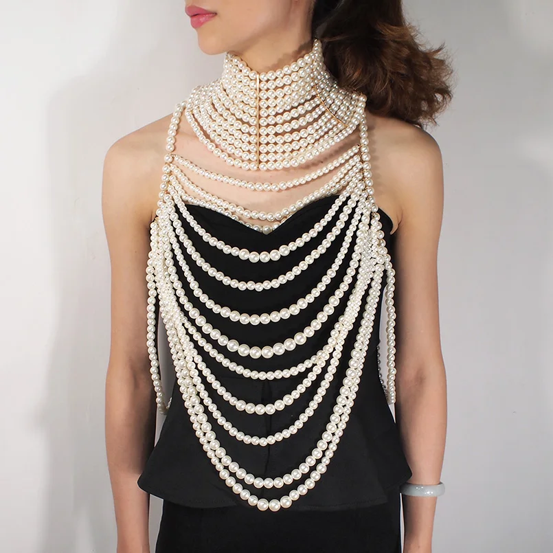 

HANSIDON Imitation Pearl Statement Collar Necklaces Multilayer Pendants Women Exaggerate Sexy Body Chain Jewelry Party, White;whiet balck