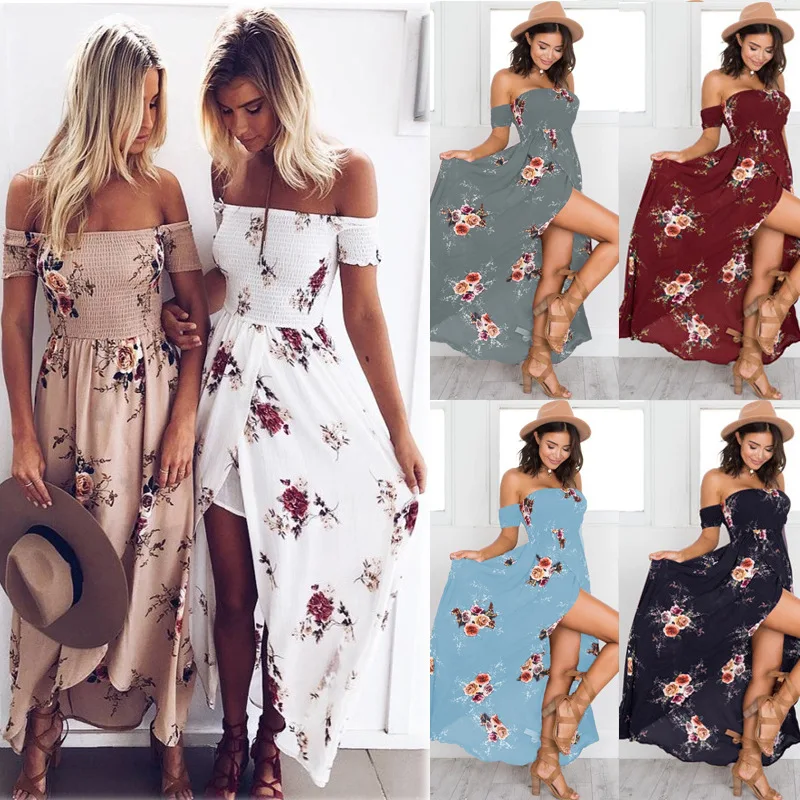 

Ecowalson Boho Print Long Party Dress Women Sexy Split Off Shoulder Beach Maxi Dress Summer Strapless Split Sundress Plus Size