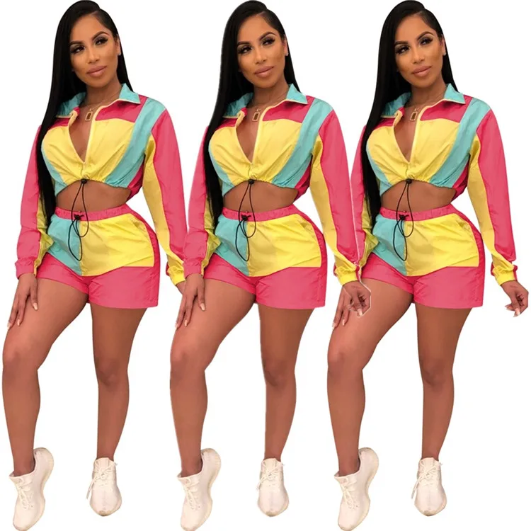 

2019 Hot Product Colorblock Multi Casual Sport Two Piece Set Women Tracksuit, Pink;purple;red