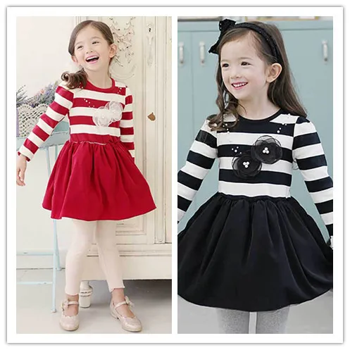

Wholesale Home Furnishing Clothes Stripe Cotton Long Sleeve Girl Dress, As pictures or as your needs