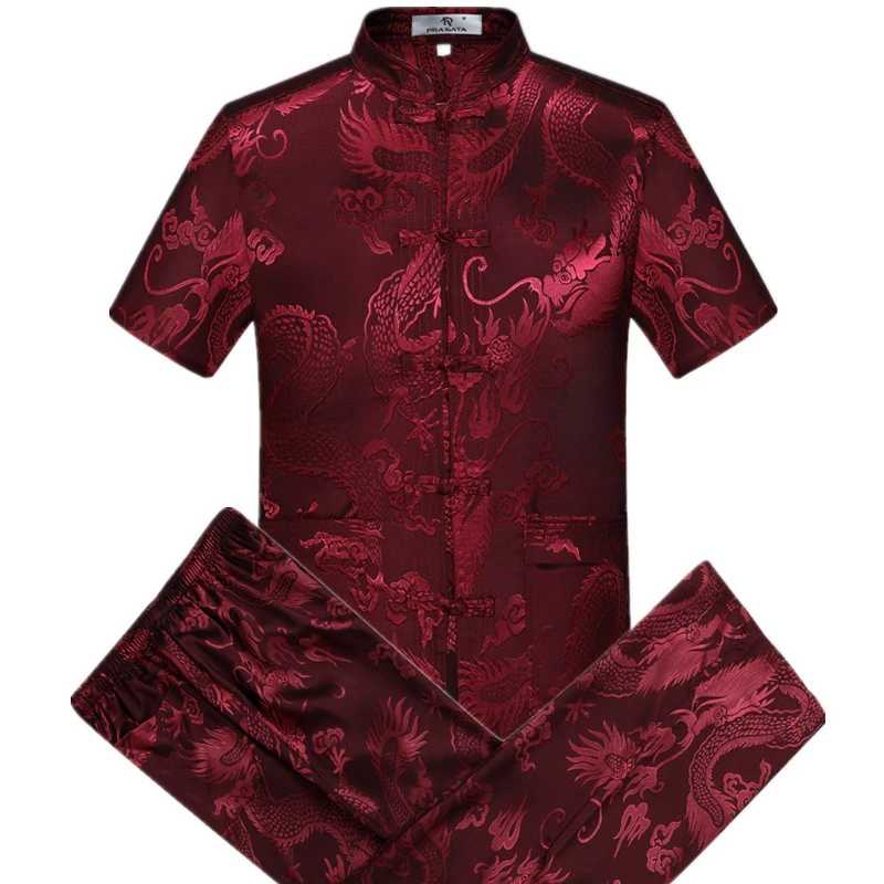 

short sleeve silk fabric tai chi clothing dragon embroidery kung fu Tang suit martial arts wushu clothing
