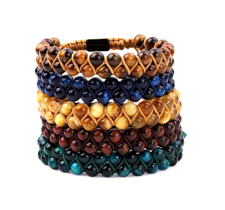 Factory Make Customize Logo Natural Stone A Grade Quality Tiger Eye Jewelry Braided Friendship  Bracelet Adjustable