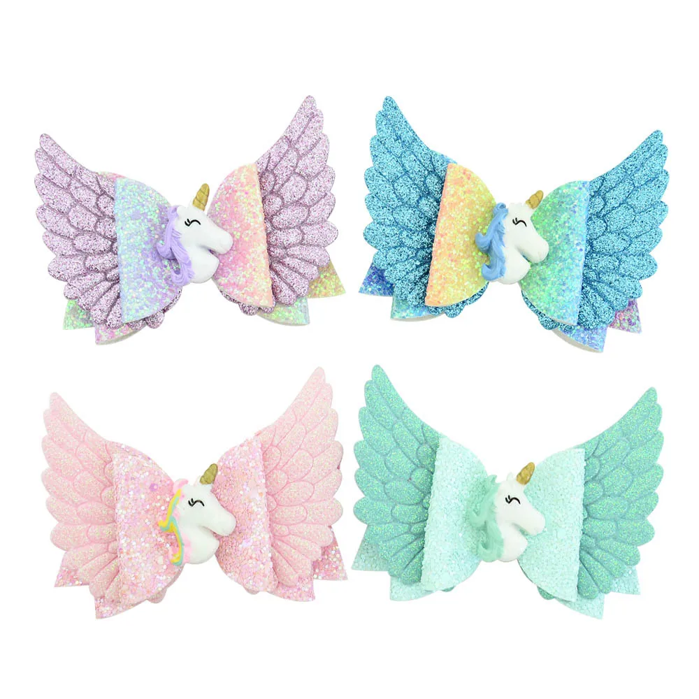 

free shipping  rainbow sequins unicorn hair bow with angel wing, Picture/custom