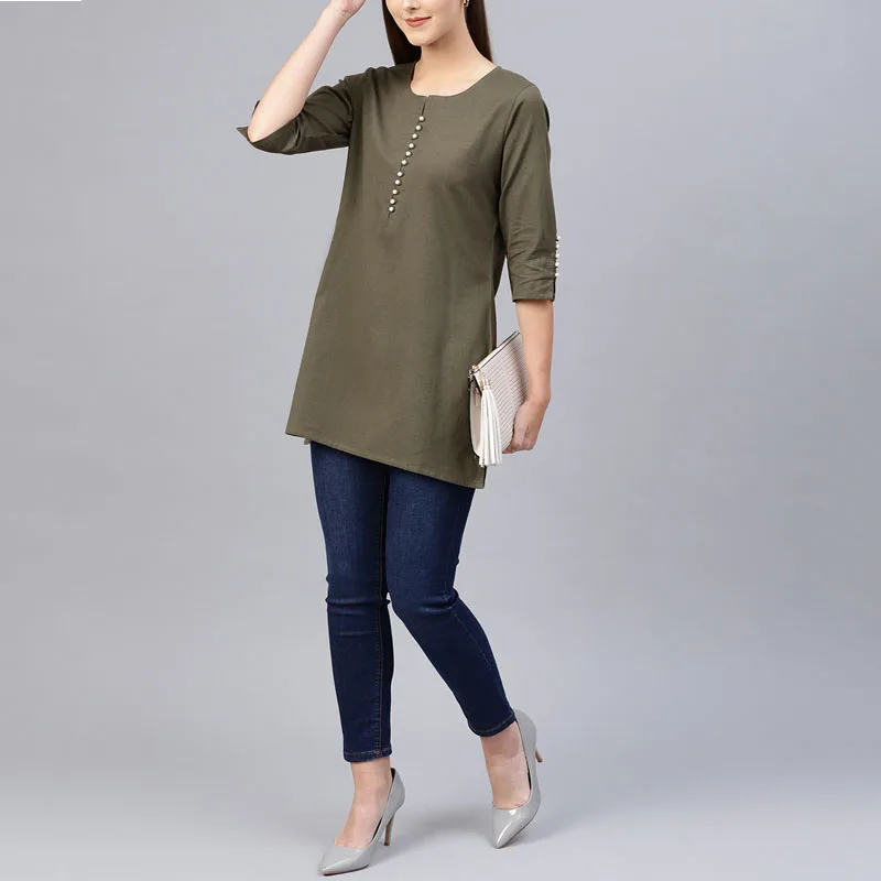 

Olive Green Notched Round Neck Button Placket Women Loose Blouse