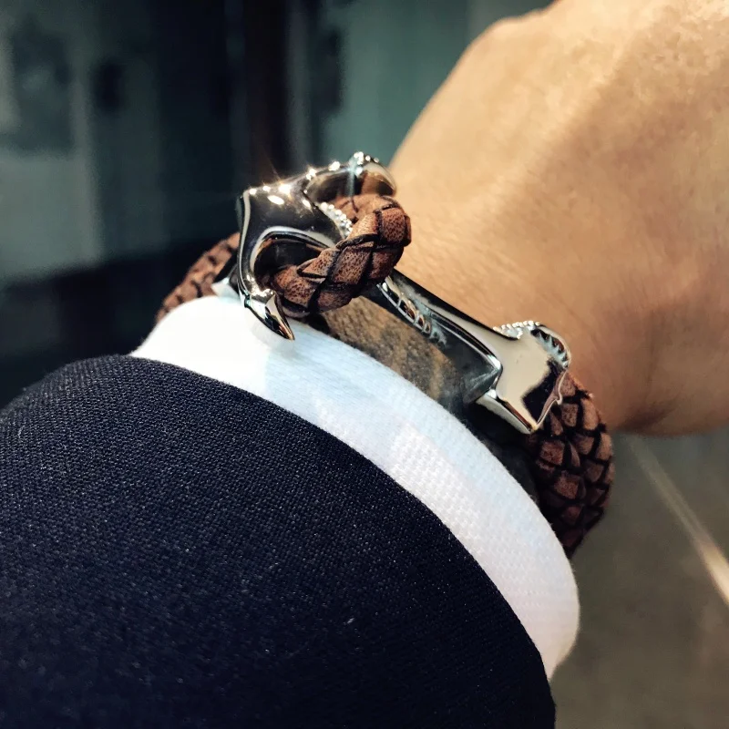 

Mcllroy leather bracelet men genuine cowhide & 316L titanium steel anchor buckle bracelets fashion jewelry, Picture