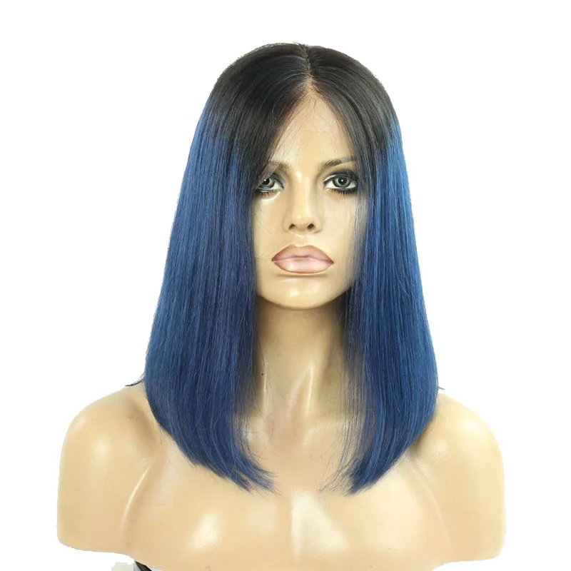 

14INCH Ombre Blue Virgin Brazilian Human Hair 4.5INCH Lace Front Wig Bob Cut Wig