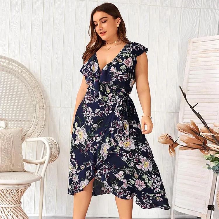 

New Tropical Printed A-Line Shorts Sleeve 3XL Plus Size Dress