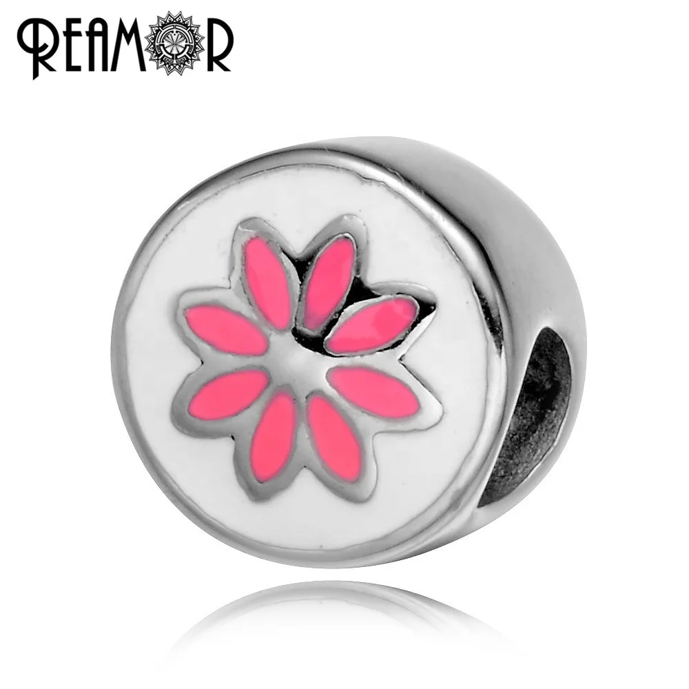 

REAMOR Enamel Pink Lotus Flower 316L Stainless steel European Charm Beads Spacer Beads for Bracelet & Necklace Jewelry DIY