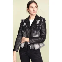 

OEM autumn fashion ladies single button black jean jacket pu on sleeves collar crop blazer washed jean jacket with fake leather