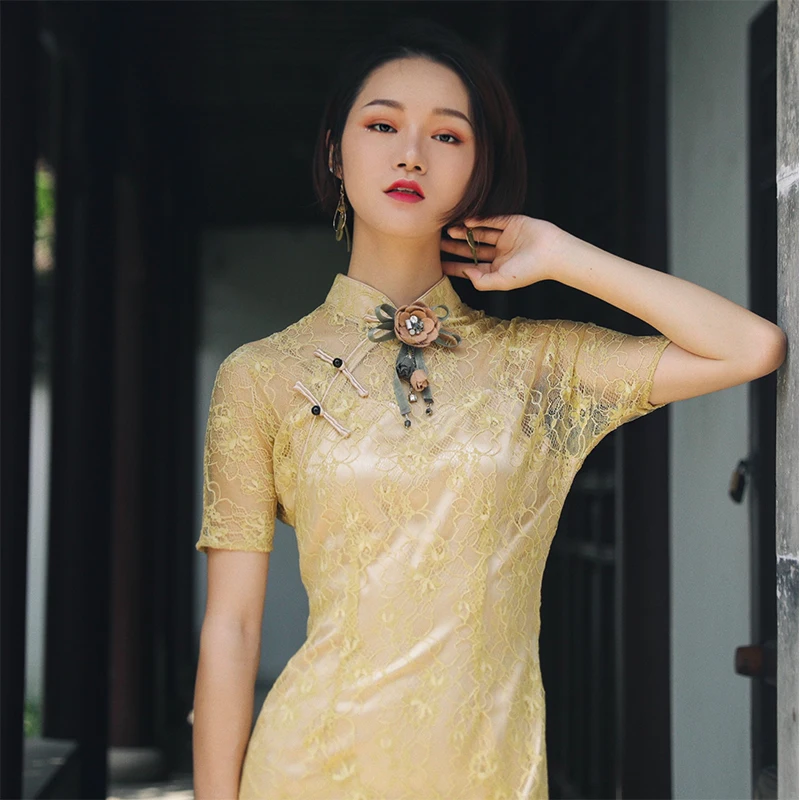 

High Quality Yellow Short Raglan Sleeve Lace Ladies Office Wear Dresses Gold Skinny Dress