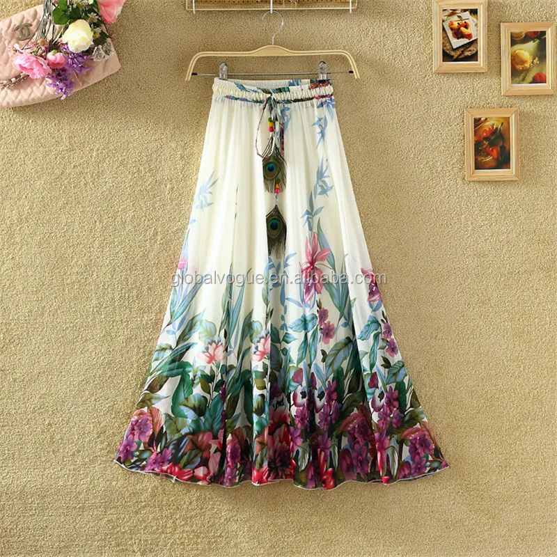 

Dotfashion Vintage Ladies Summer Style Printed Long Skirts Women Peacock Print Tied Waist Maxi Skirt, As picture show