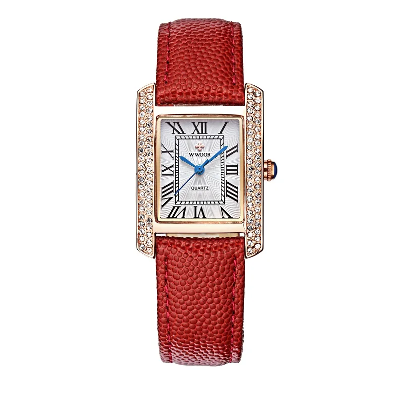 

New Arrival WWOOR Brand Women Gold Diamond Case Various Colors Leather Band Changeable Strap Square Ladies Watches, 6 colors for choose