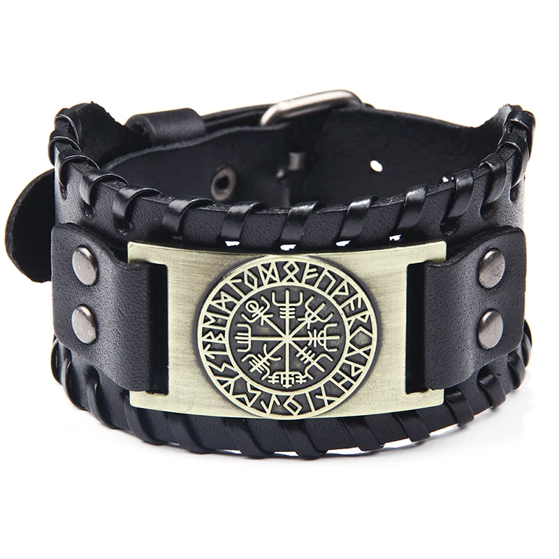 

Viking Rune Vegvisir Compass Charm Bracelets Men Vintage Wide Genuine Leather Bracelet (SK545), As picture